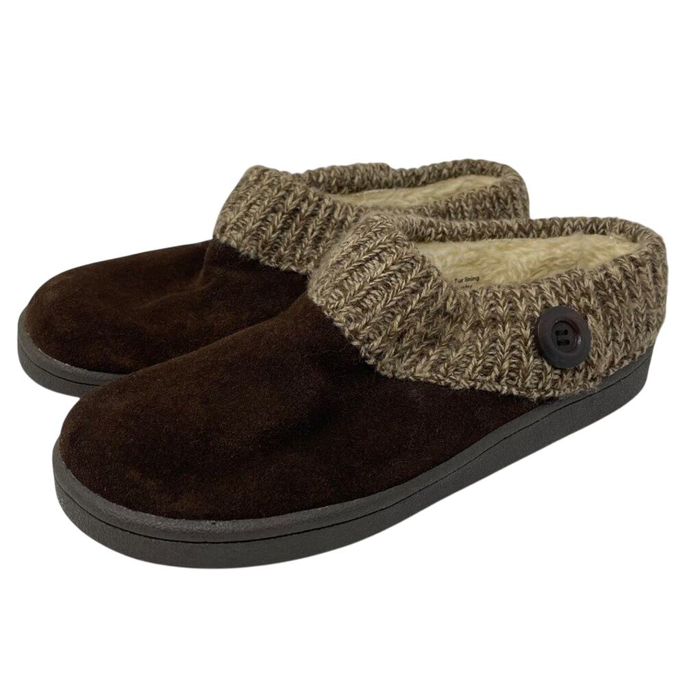 Magellan Brown Suede Slipper With Knitted Collar & Faux Fur Lining Women’s 9